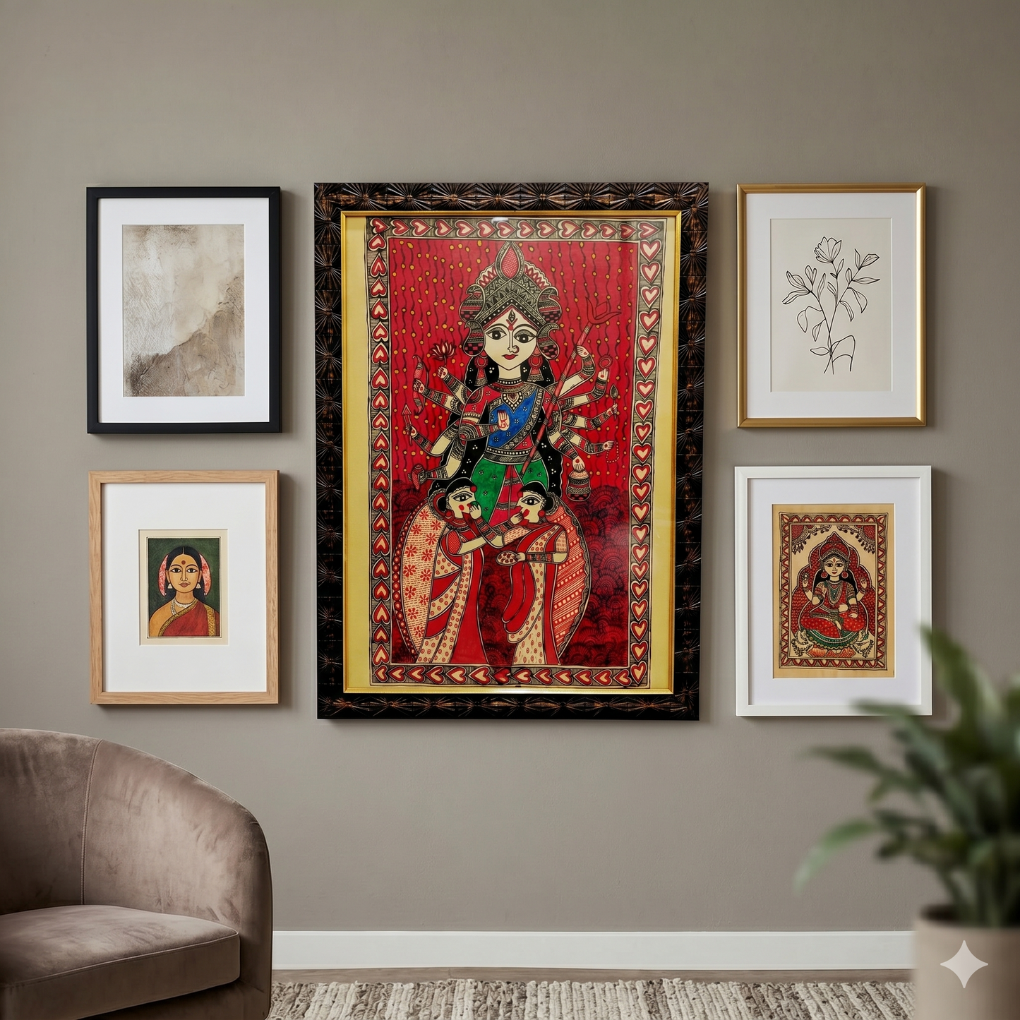 Handcrafted Madhubani Goddess Durga Painting – Traditional Mithila Art Wall Decor | Sacred Indian Folk Artwork