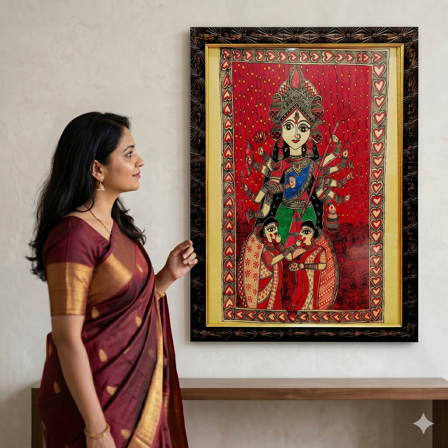 Handcrafted Madhubani Goddess Durga Painting – Traditional Mithila Art Wall Decor | Sacred Indian Folk Artwork