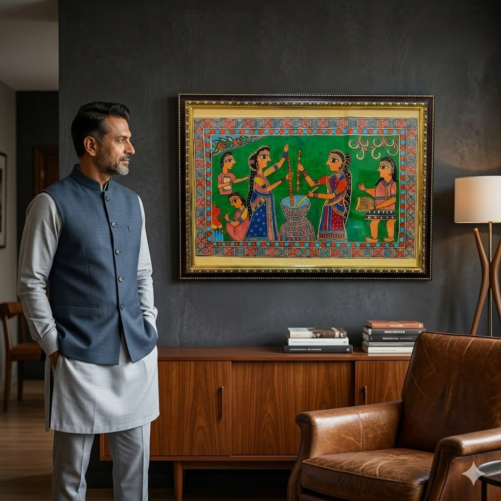 Traditional Madhubani Ritual Painting for Luxury Decor, Handcrafted Madhubani folk art featuring ceremonial women