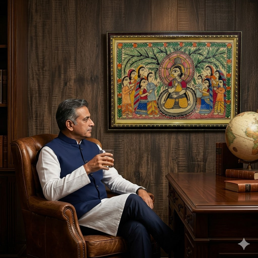 Handcrafted Madhubani artwork featuring ceremonial figures, bamboo motifs, and intricate Indian folk detailing for elegant interiors.