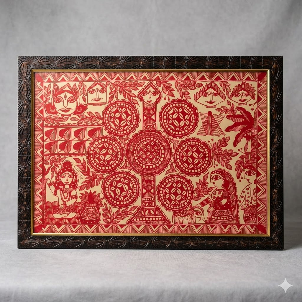 Red Monochrome Madhubani Tree of Life