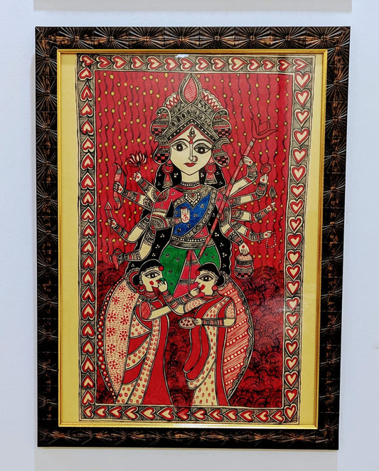 Handcrafted Madhubani Goddess Durga Painting – Traditional Mithila Art Wall Decor | Sacred Indian Folk Artwork