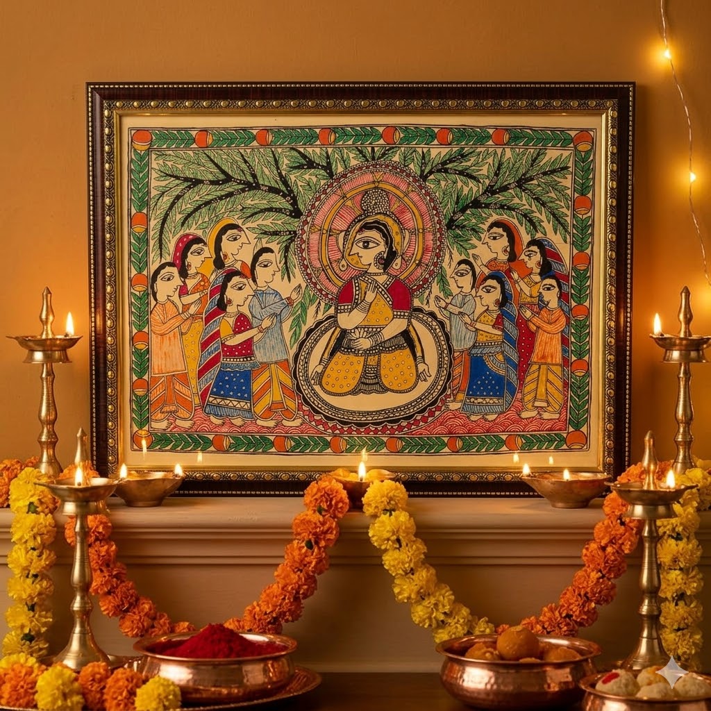Handcrafted Madhubani artwork featuring ceremonial figures, bamboo motifs, and intricate Indian folk detailing for elegant interiors.