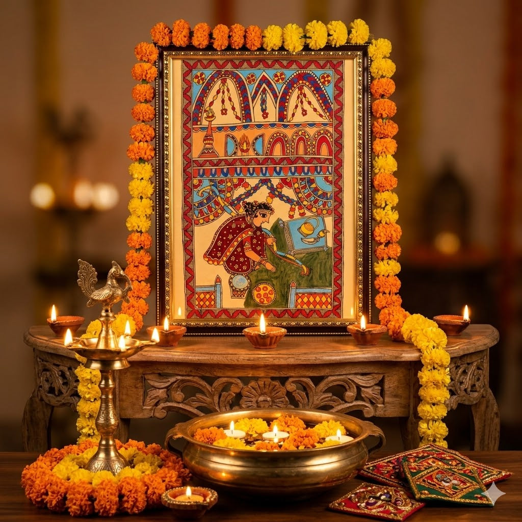 Handcrafted Madhubani folk artwork featuring ceremonial motifs, festive detailing, and traditional Indian storytelling aesthetics