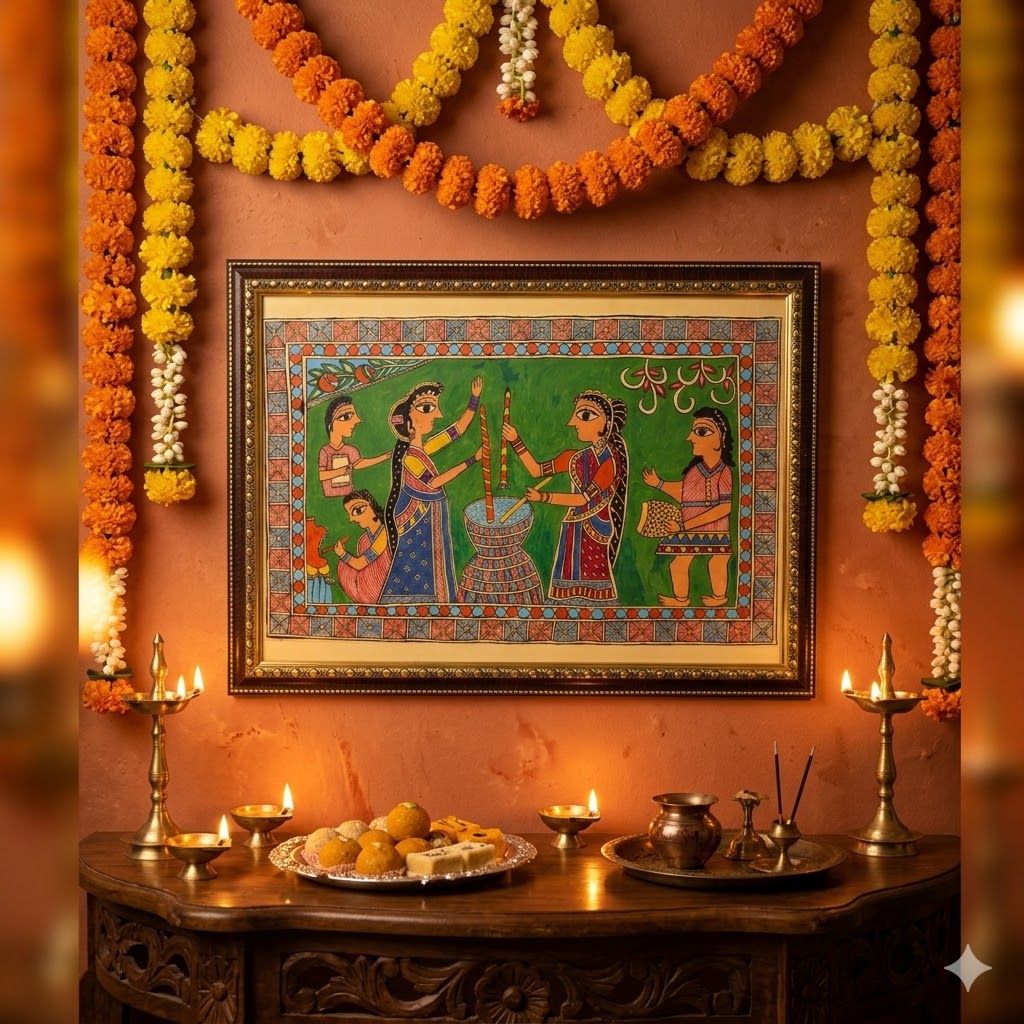 Traditional Madhubani Ritual Painting for Luxury Decor, Handcrafted Madhubani folk art featuring ceremonial women