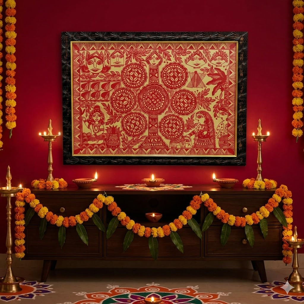 Red Monochrome Madhubani Tree of Life