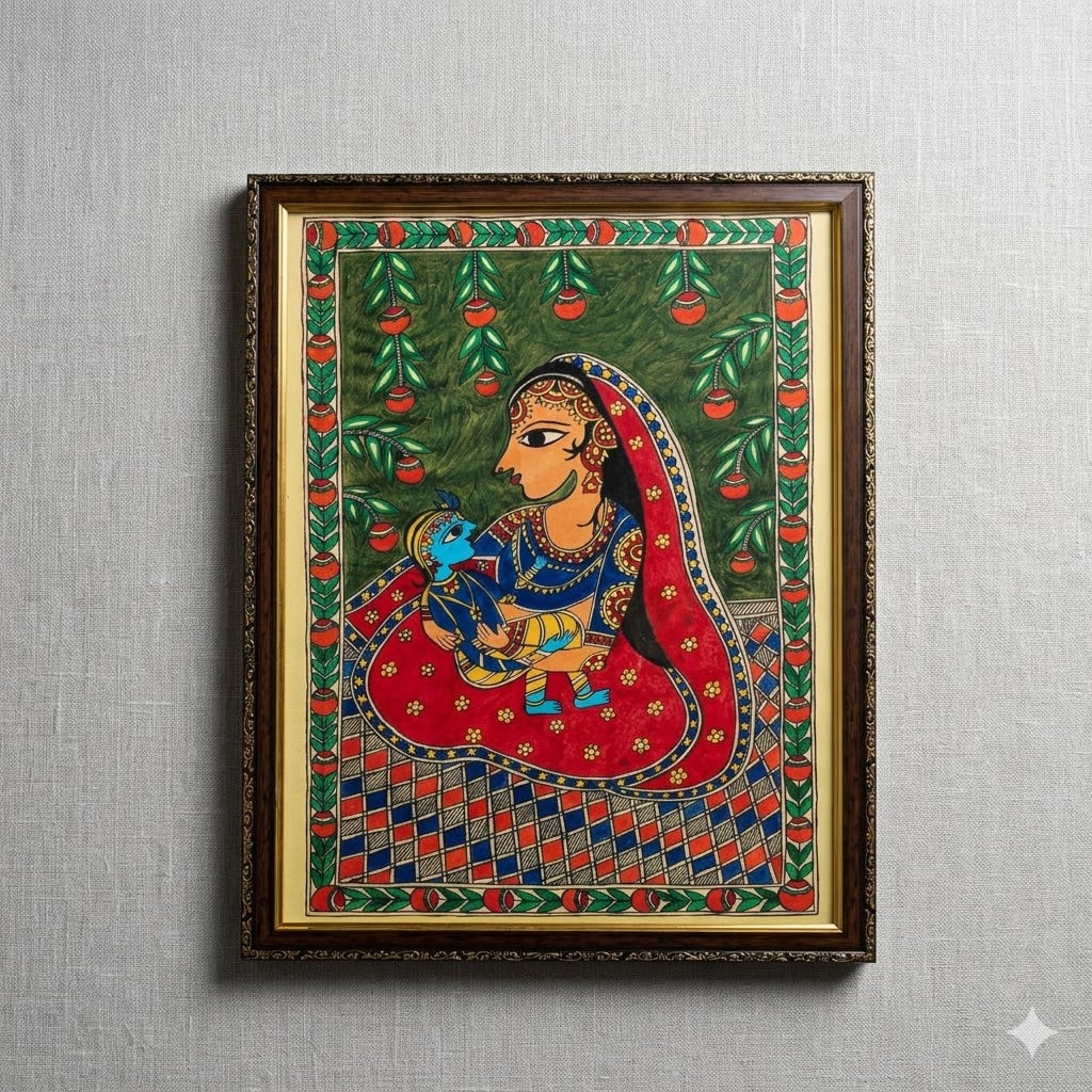 Yashoda Cradling Krishna in Madhubani Style