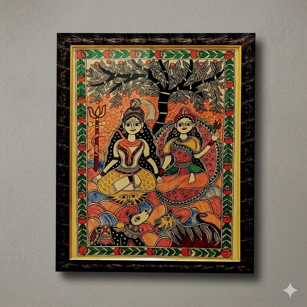 Madhubani Painting of Shiva and Parvati Under the Sacred Tree