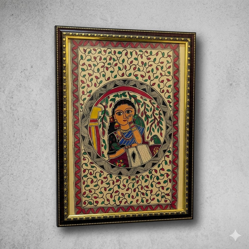 Traditional Madhubani painting featuring a contemplative woman, birds, and intricate botanical motifs for luxury interiors.