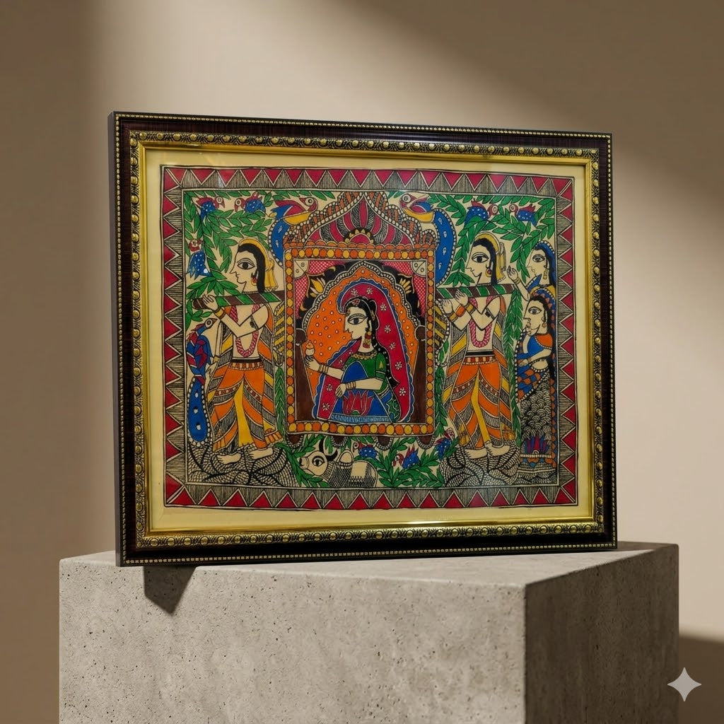 Handcrafted Madhubani-style painting featuring royal figures, birds, and folk motifs
