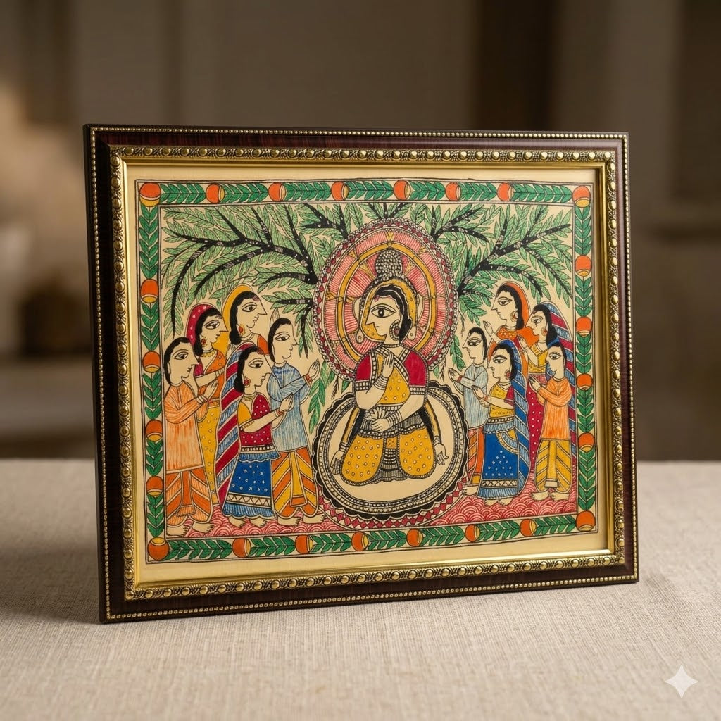 Handcrafted Madhubani artwork featuring ceremonial figures, bamboo motifs, and intricate Indian folk detailing for elegant interiors.