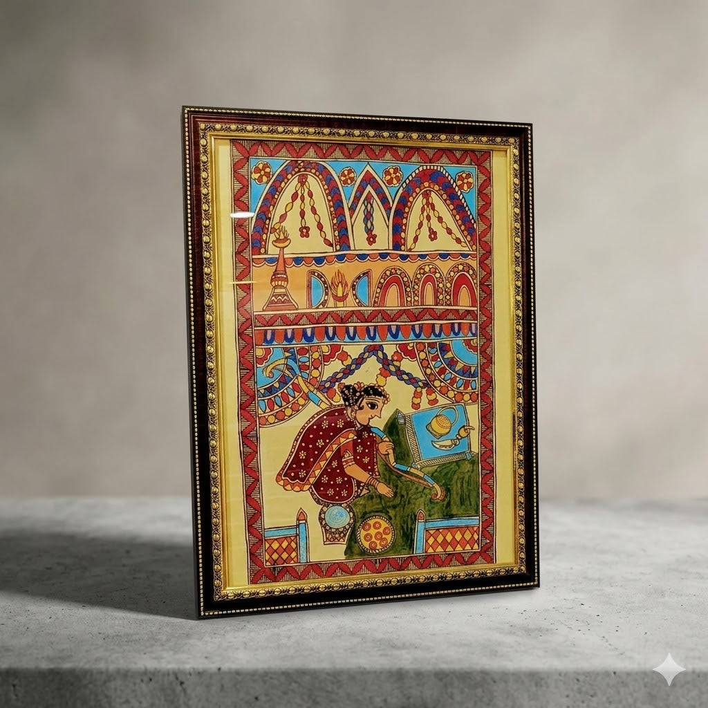 Handcrafted Madhubani folk artwork featuring ceremonial motifs, festive detailing, and traditional Indian storytelling aesthetics
