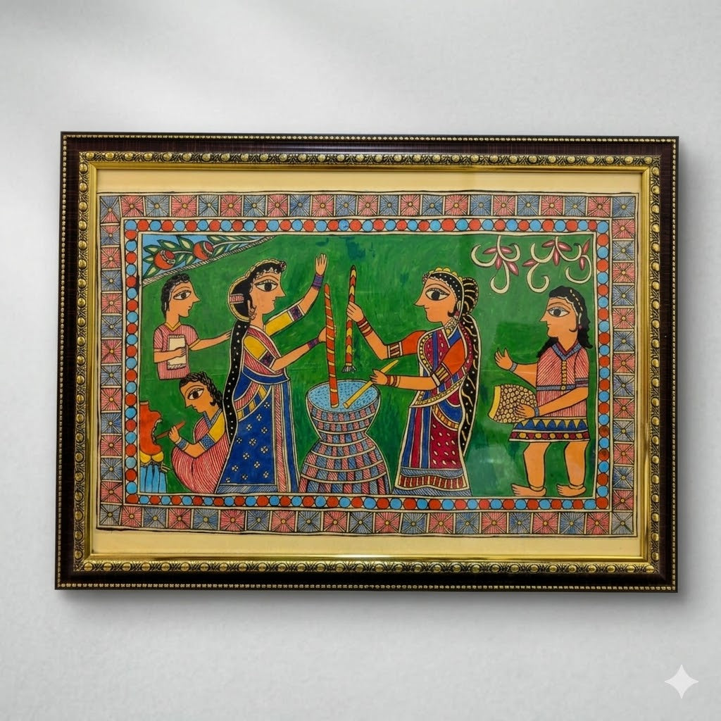 Traditional Madhubani Ritual Painting for Luxury Decor, Handcrafted Madhubani folk art featuring ceremonial women