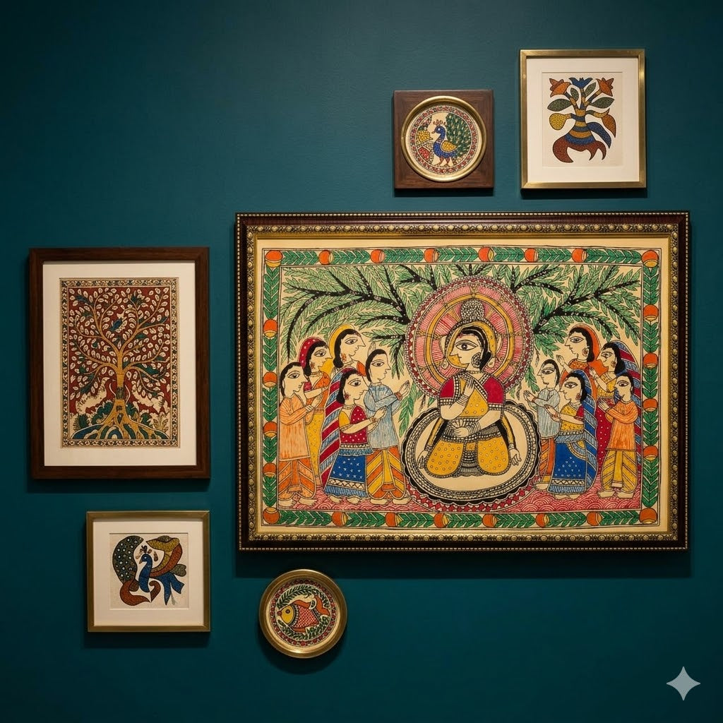 Handcrafted Madhubani artwork featuring ceremonial figures, bamboo motifs, and intricate Indian folk detailing for elegant interiors.