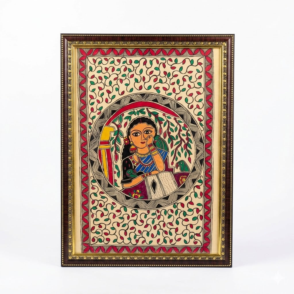 Traditional Madhubani painting featuring a contemplative woman, birds, and intricate botanical motifs for luxury interiors.