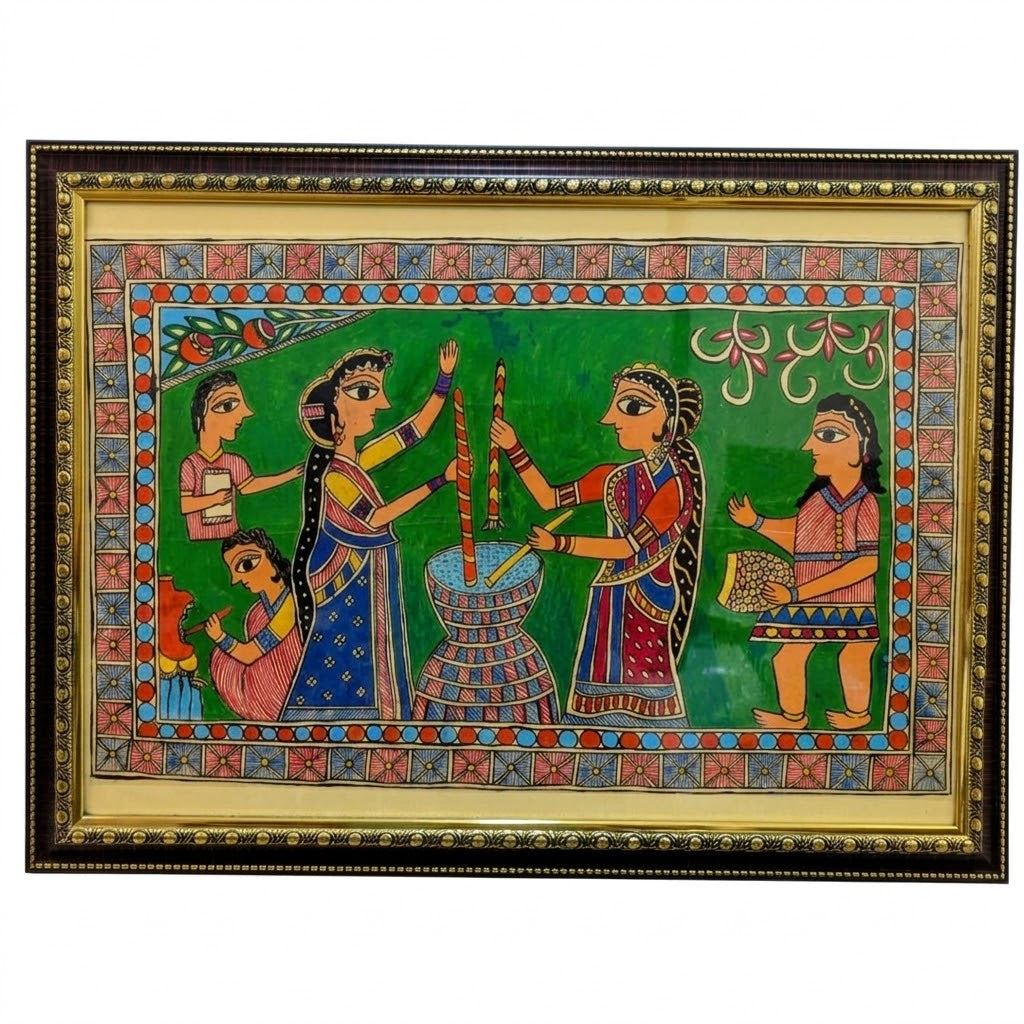 Traditional Madhubani Ritual Painting for Luxury Decor, Handcrafted Madhubani folk art featuring ceremonial women