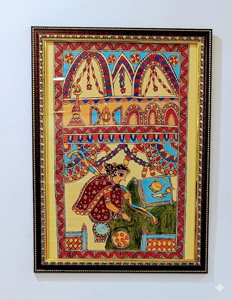 Handcrafted Madhubani folk artwork featuring ceremonial motifs, festive detailing, and traditional Indian storytelling aesthetics