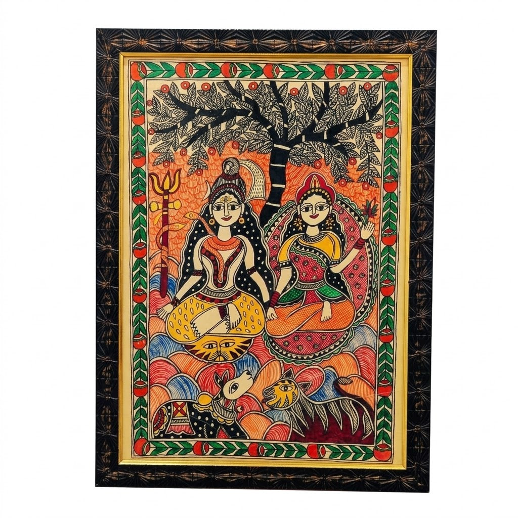 Madhubani Painting of Shiva and Parvati Under the Sacred Tree