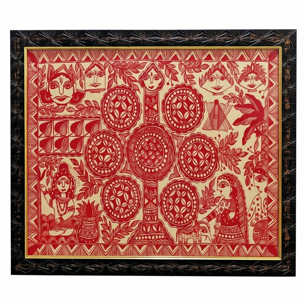 Red Monochrome Madhubani Tree of Life