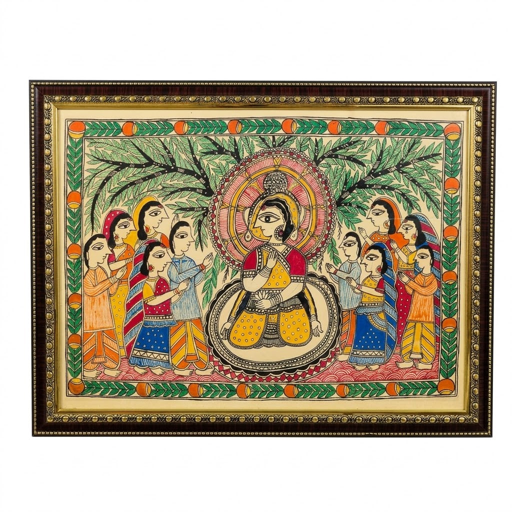 Handcrafted Madhubani artwork featuring ceremonial figures, bamboo motifs, and intricate Indian folk detailing for elegant interiors.