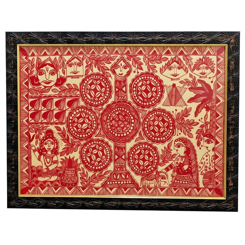 Red Monochrome Madhubani Tree of Life