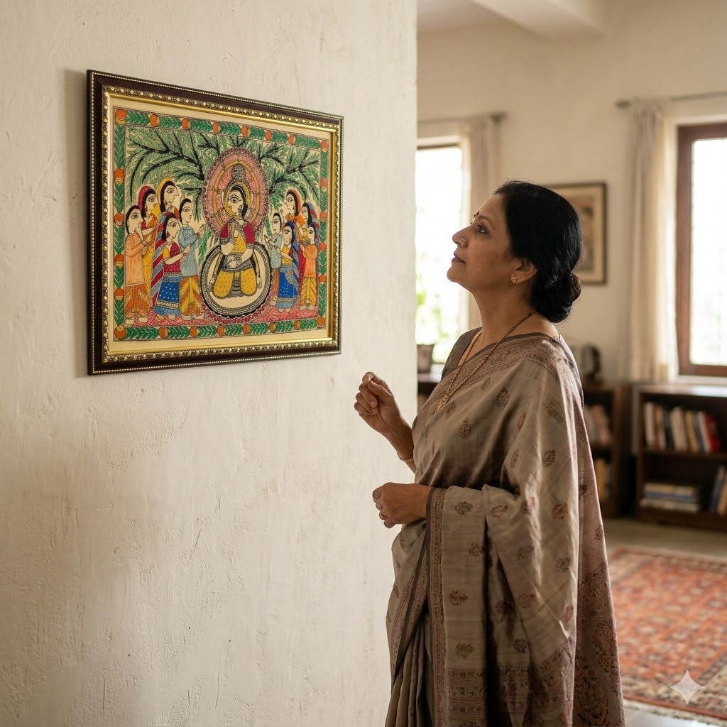 Handcrafted Madhubani artwork featuring ceremonial figures, bamboo motifs, and intricate Indian folk detailing for elegant interiors.