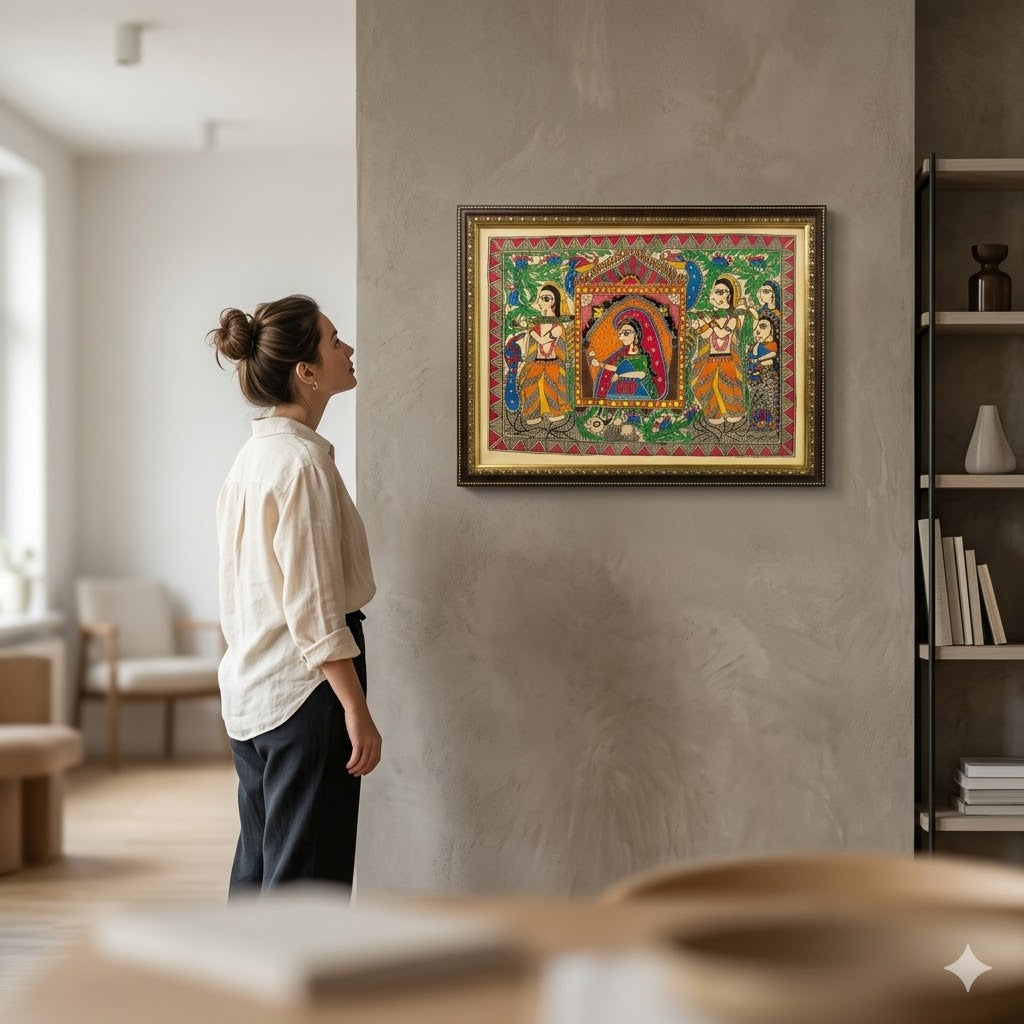 Handcrafted Madhubani-style painting featuring royal figures, birds, and folk motifs