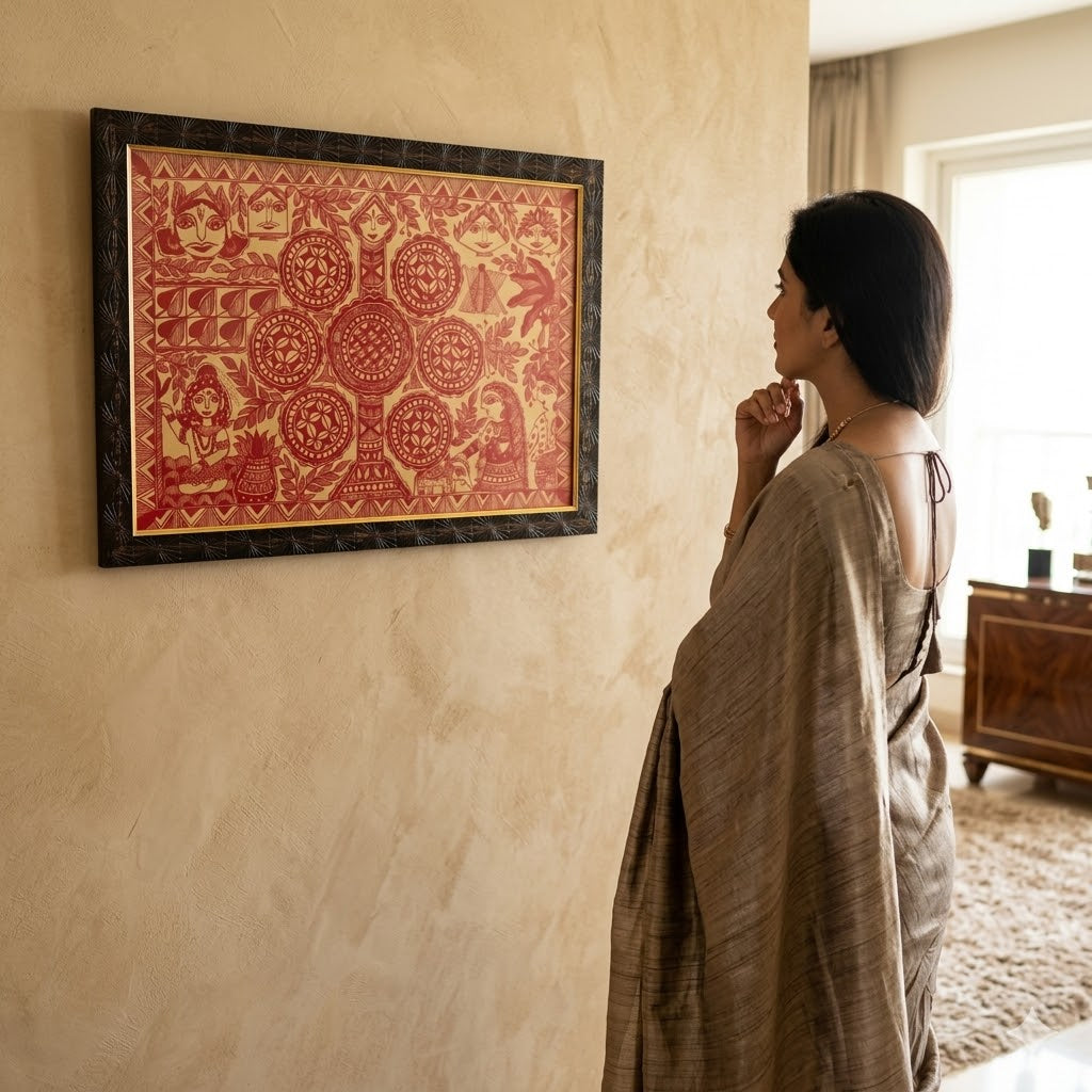 Red Monochrome Madhubani Tree of Life