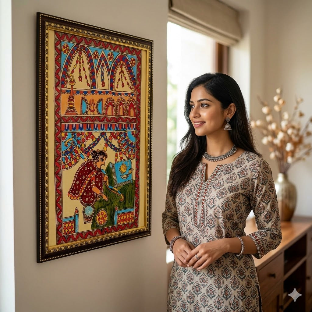 Handcrafted Madhubani folk artwork featuring ceremonial motifs, festive detailing, and traditional Indian storytelling aesthetics